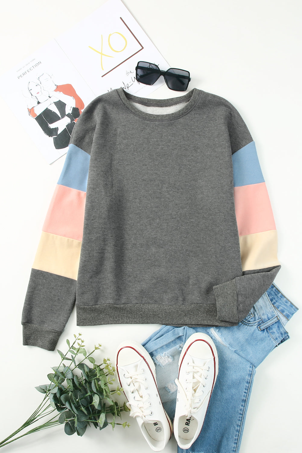 Grey Casual Color Block Drop Sleeve Sweatshirt