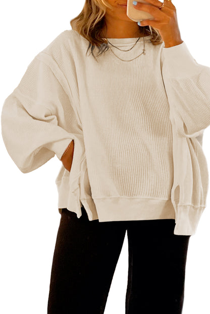 White Solid Color Waffle Drop Shoulder Plus Size Sweatshirt