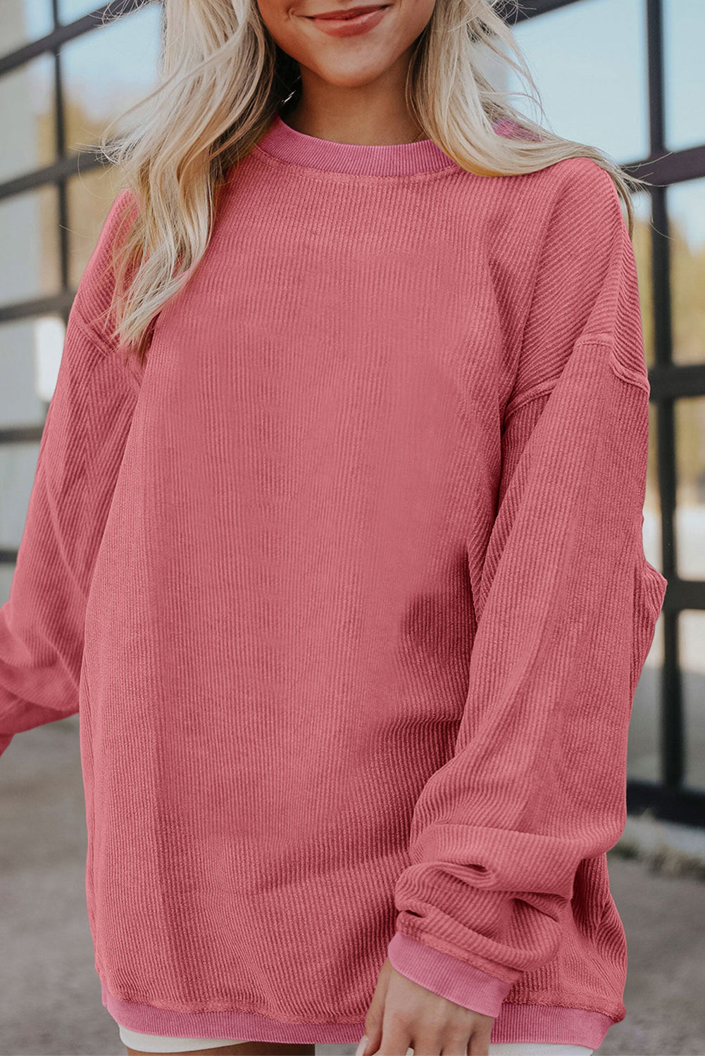 Plain Drop Sleeve Crinkle Rib Oversized Sweatshirt