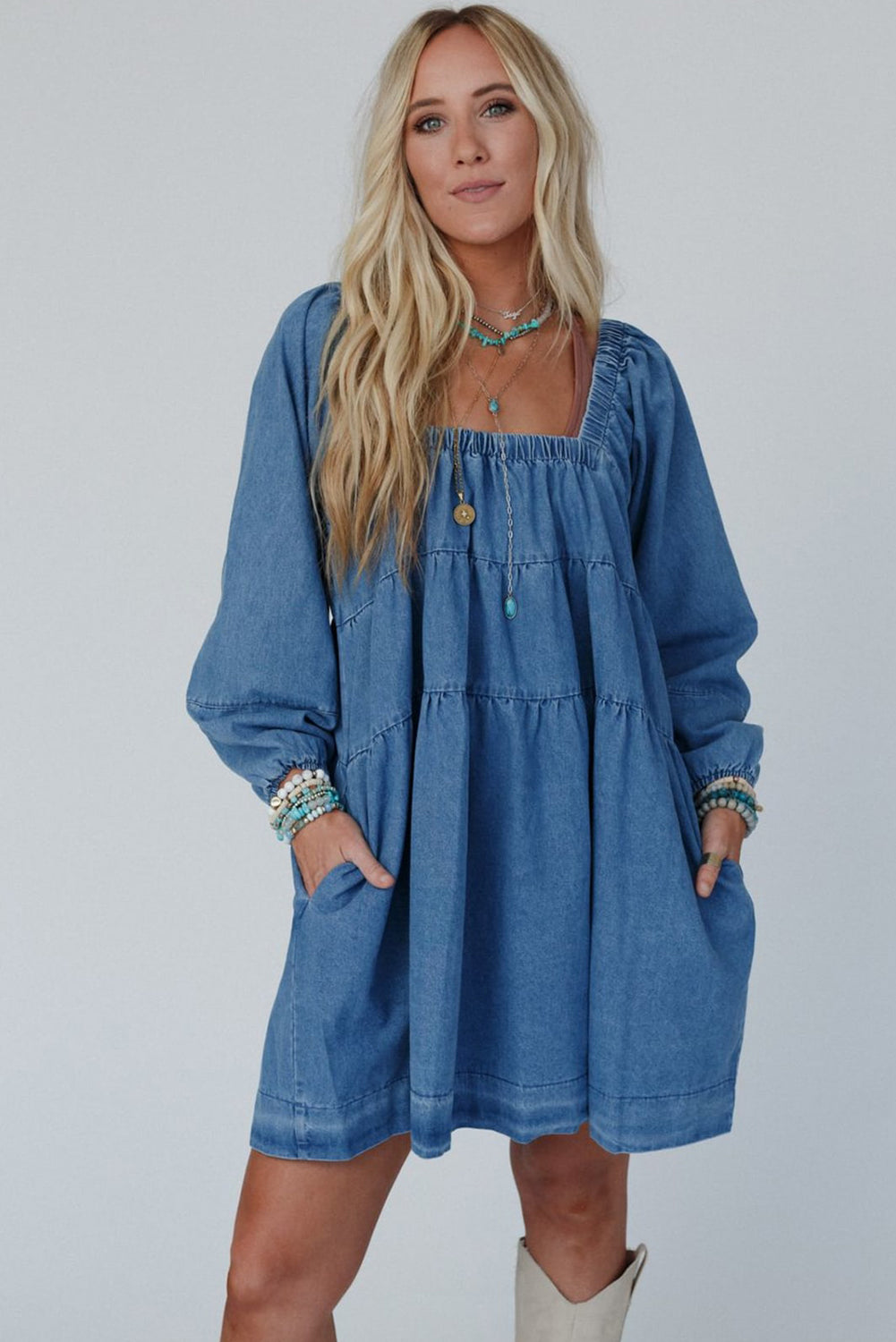 Side Pockets Loose Fit Denim Mini Dress