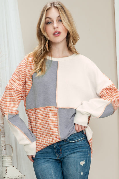 Multicolor Exposed Seam Color Block Pullover Long Sleeve Top