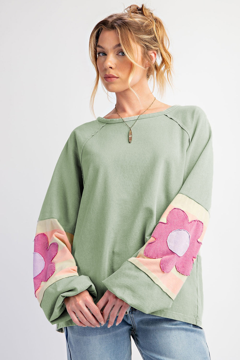 Flower Patchwork Exposed Seam Raglan Sleeve Top