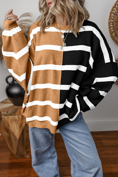 Light Beige Striped Colorblock Drop Shoulder Sweater