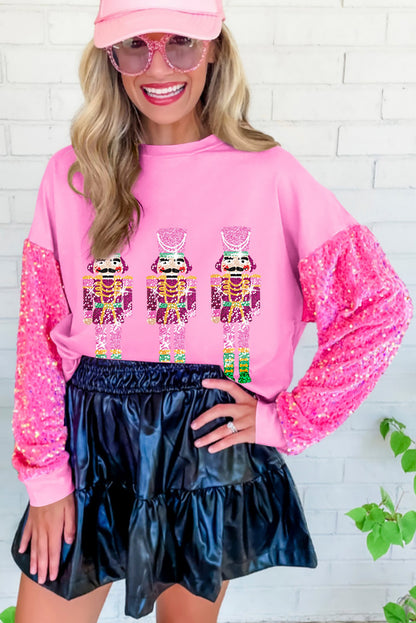 Pink Nutcracker Sequin Sleeve Graphic Sweatshirt