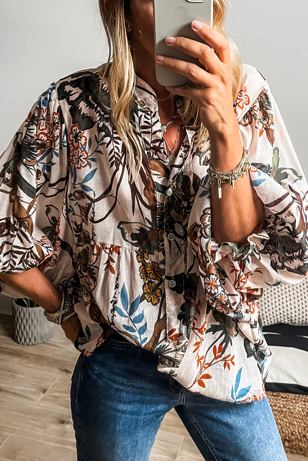 Boho Print Lantern Sleeve V Neck Blouse