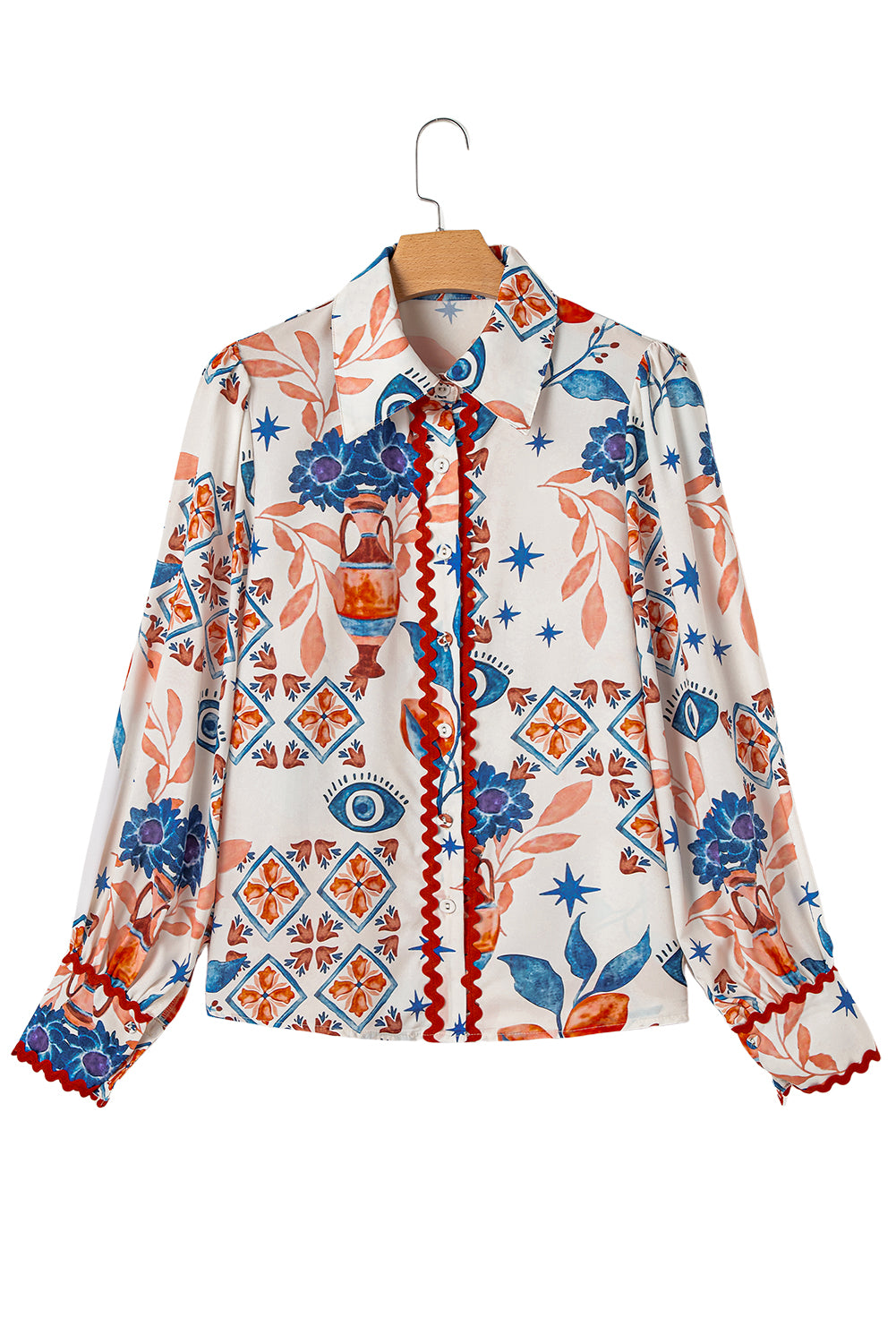 Multicolour Ethnic Floral Print Ricrac Button Down Shirt