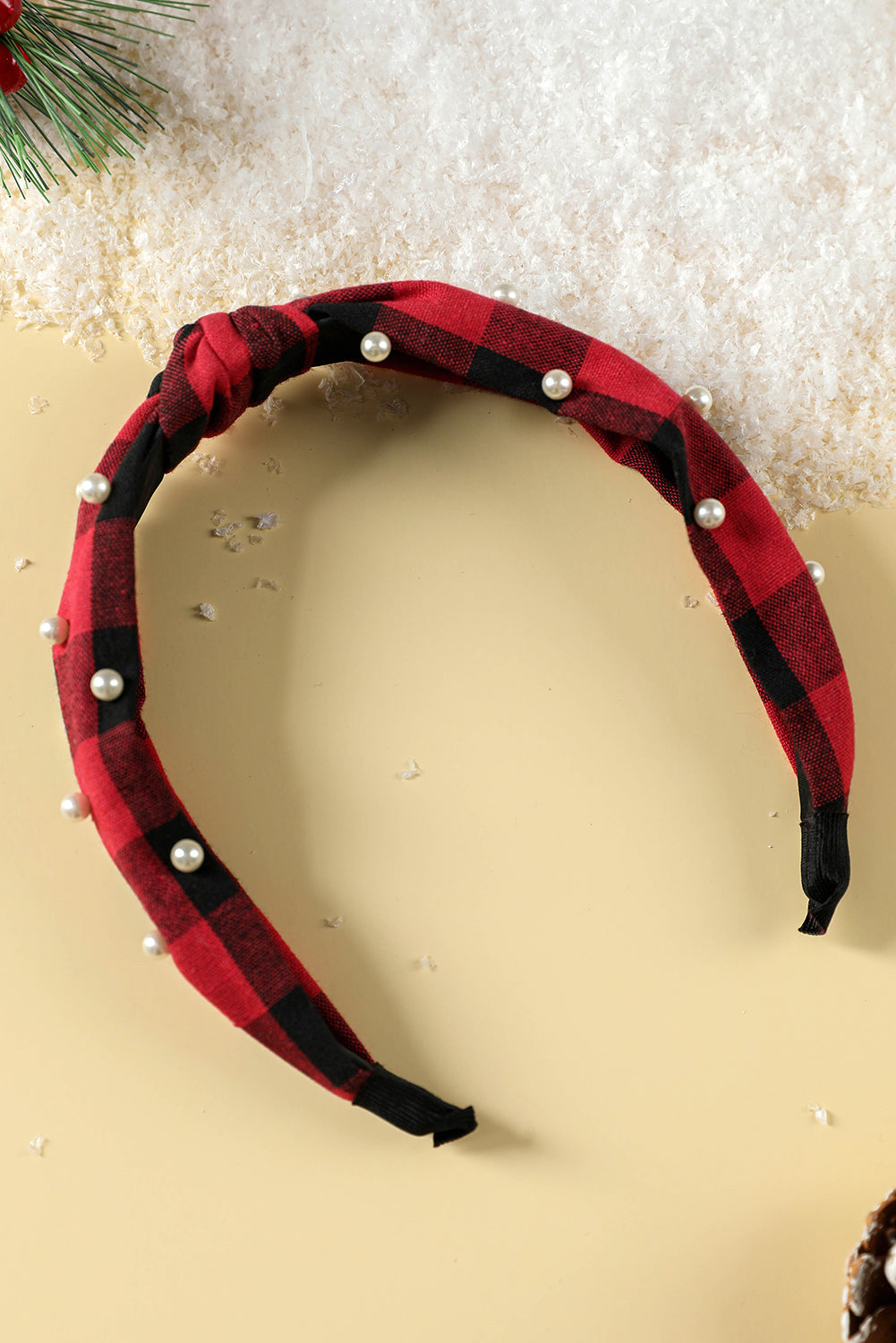 Red Dahlia Plaid Knotted Pearl Headband