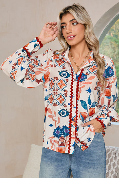 Multicolour Ethnic Floral Print Ricrac Button Down Shirt