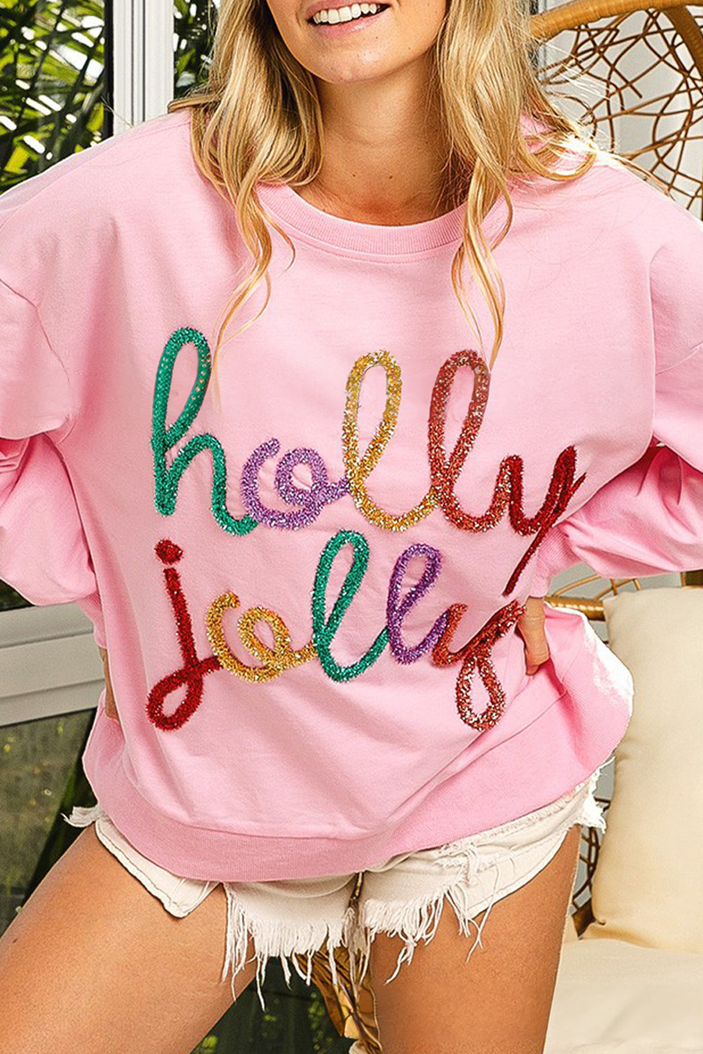 Pink Holly Jelly Round Neck Casual Pullover Sweatshirt