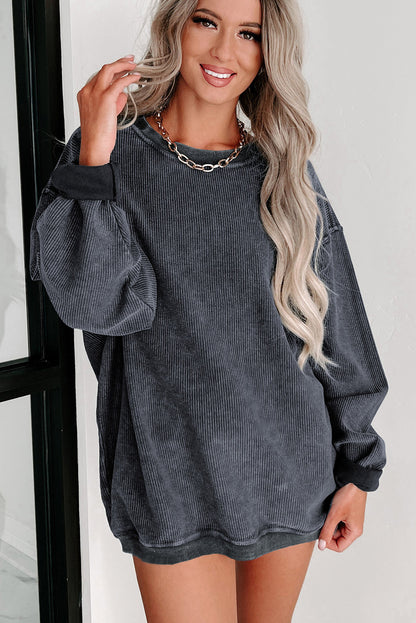 Ribbed Round Neck Drop Sleeve Pullover Sweatshirt