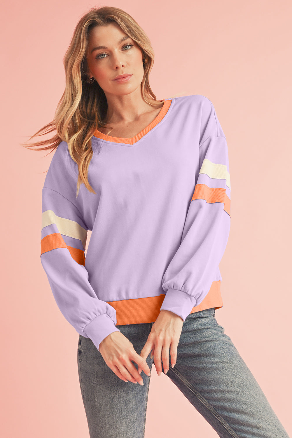 Orchid Rib Patchwork Drop Shoulder V Neck Sweatshirt