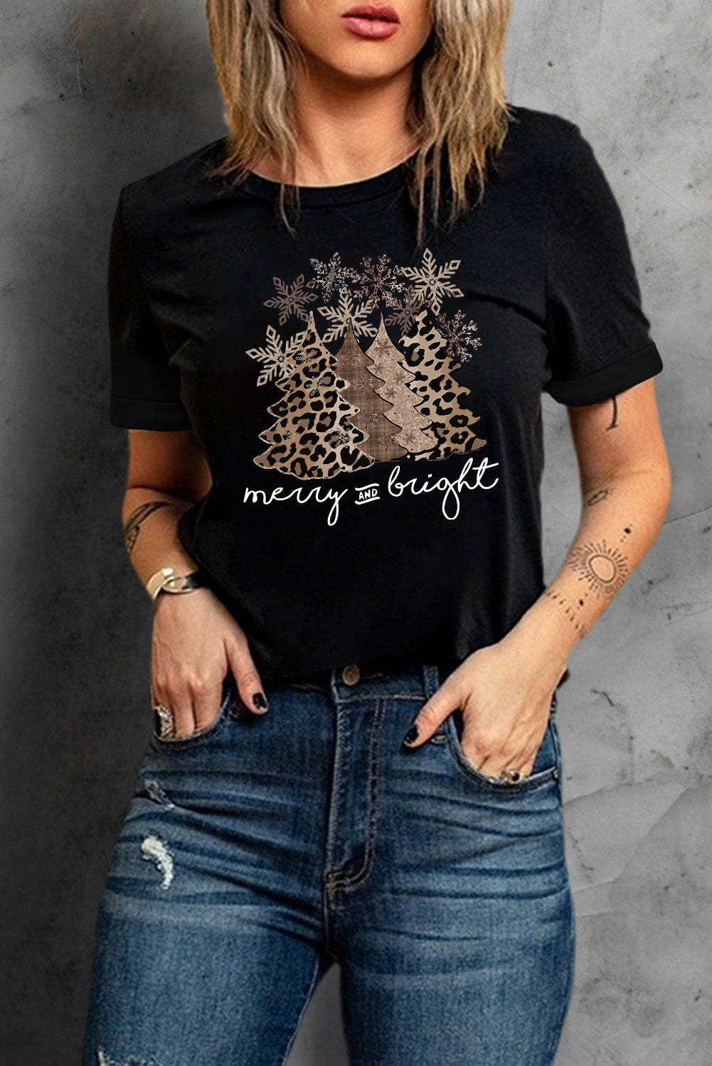 Leopard Christmas Tree Casual Crew Neck Graphic Tee