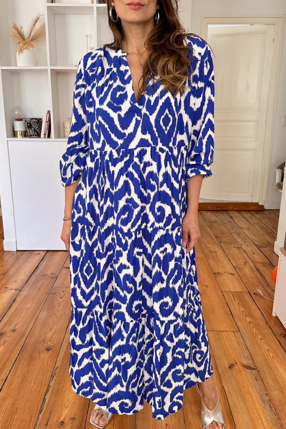 Abstract Geometric Printed V Neck Maxi Dress