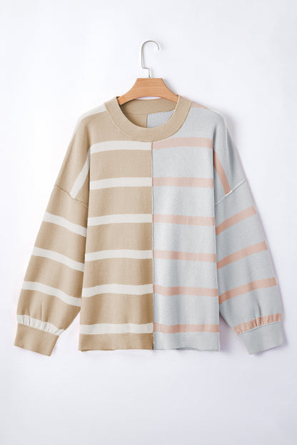 Light Beige Striped Colorblock Drop Shoulder Sweater