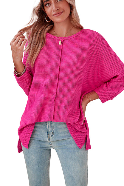 Textured Center Seam Long Sleeve Split Top