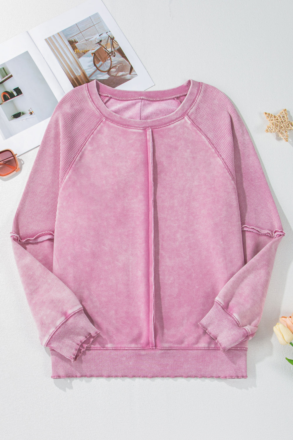 Orchid Petal Waffle Patchwork Raglan Sleeve Exposed Seam Sweatshirt