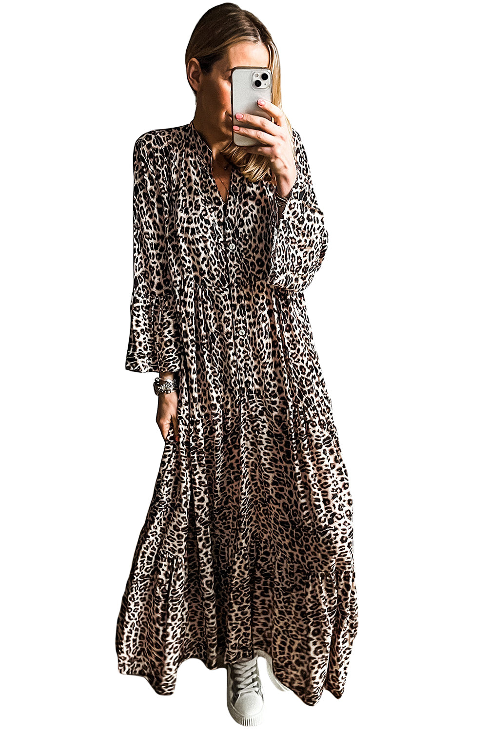 Leopard Print Tiered Wide Sleeve Maxi Dress