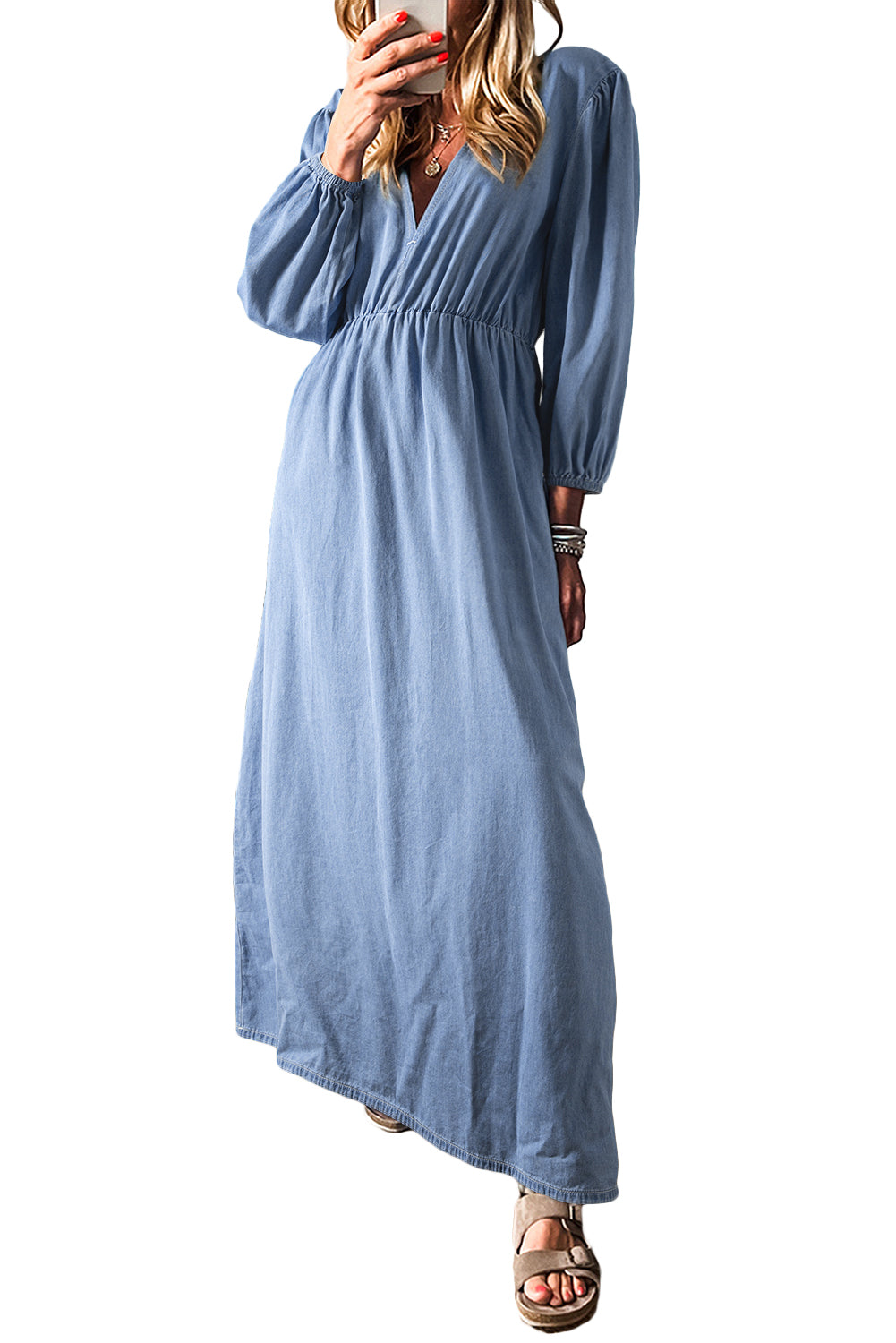 Chambray Deep V Neck Bracelet Sleeve Maxi Dress