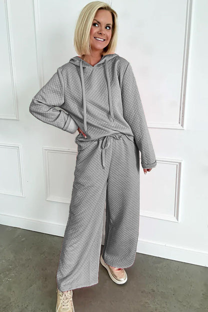 Gray Plain Long Sleeve Hooded Pullover & Wide Leg Pants Set