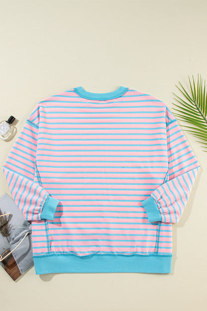 Pink Stripe Contrast Trim High Low Tunic Sweatshirt