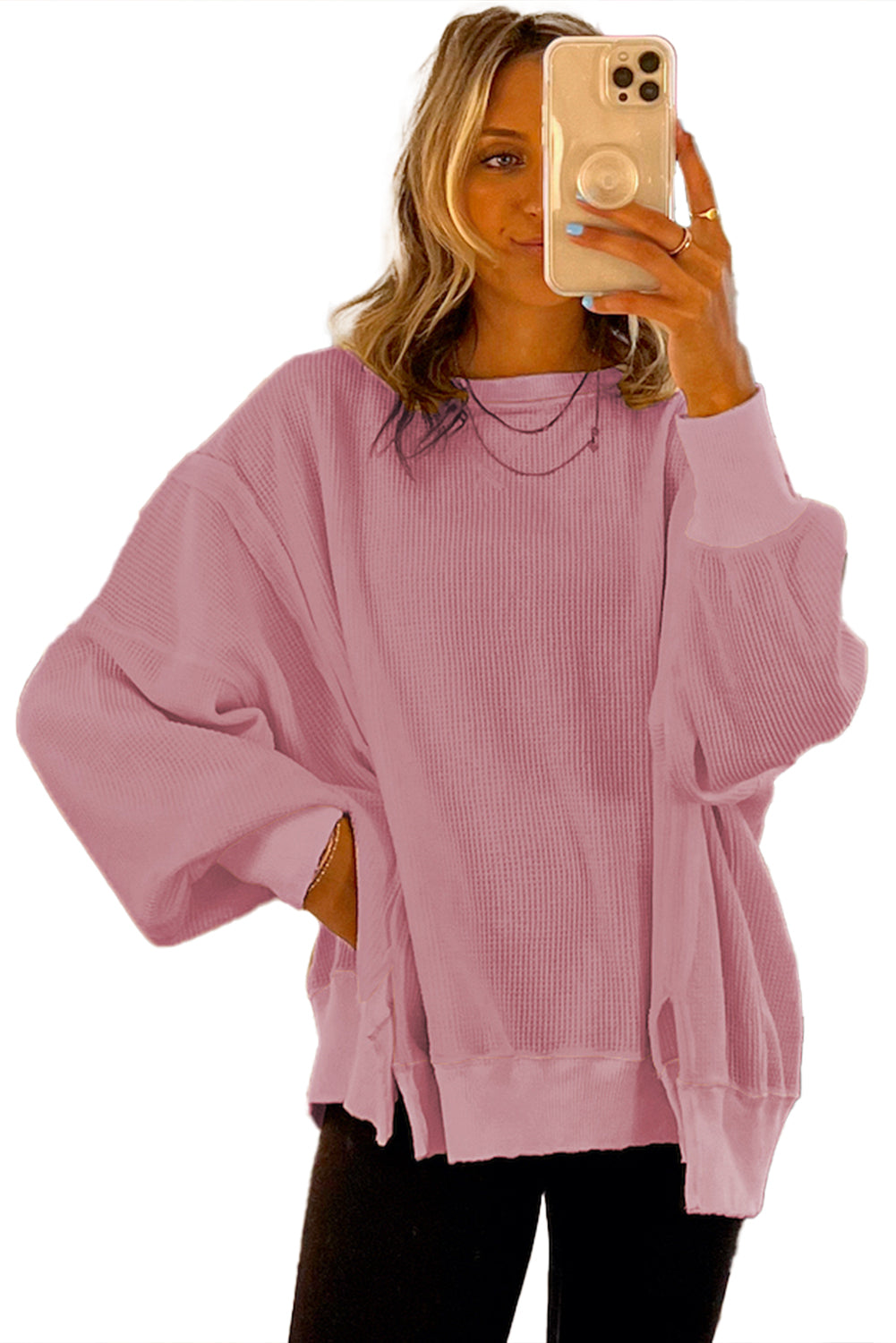 White Waffle Bishop Sleeve Split Oversized Sweatshirt