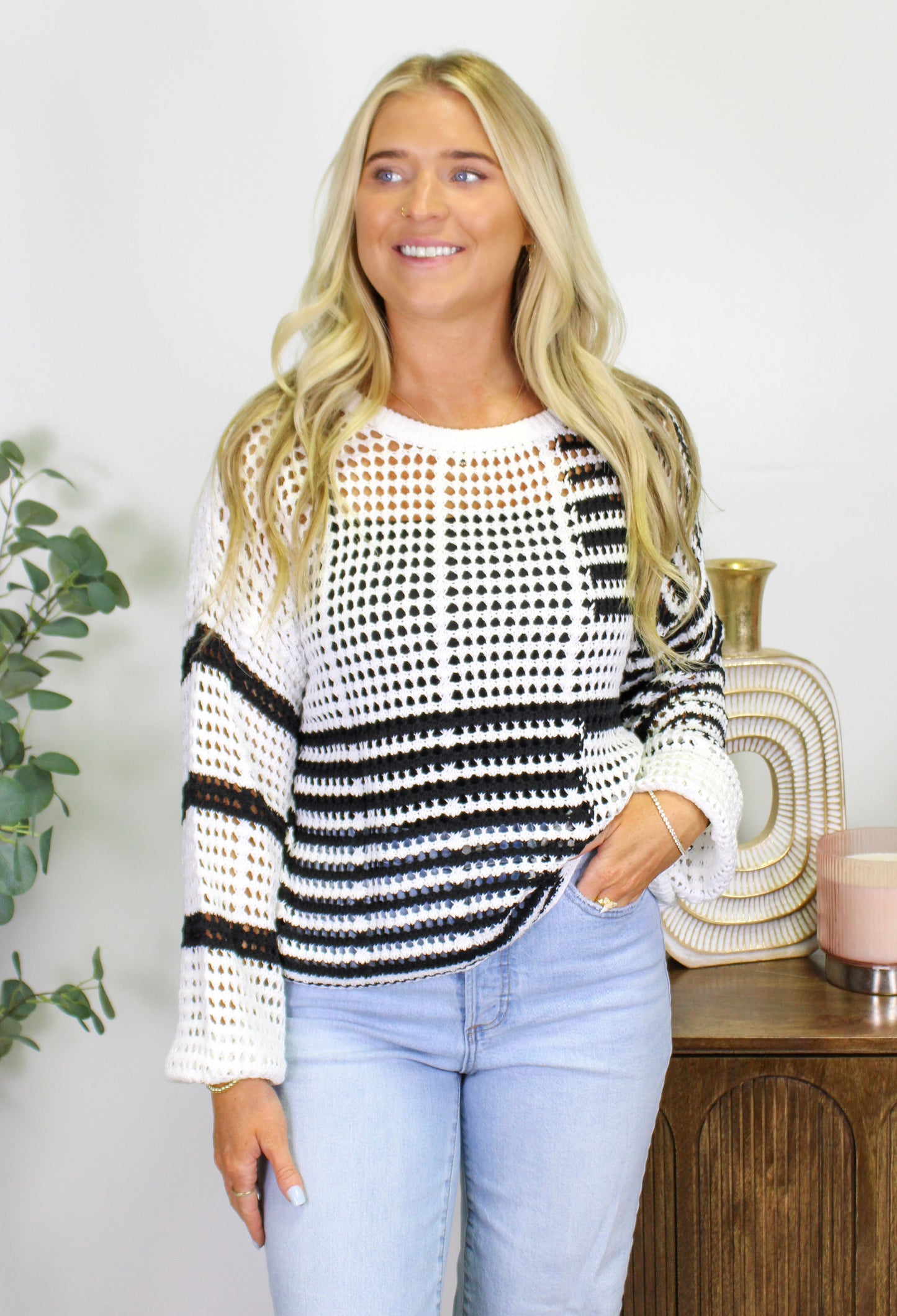 Black and White Striped Hollow Knit Top RTS