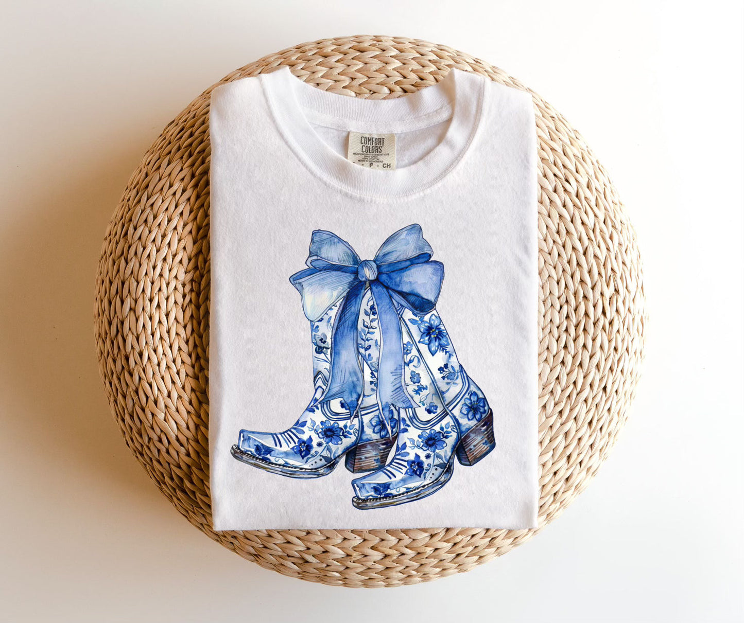 Blue Floral Boots With Bow TEE.