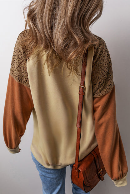 Khaki Crochet Patchwork Raglan Sleeve Sweatshirt