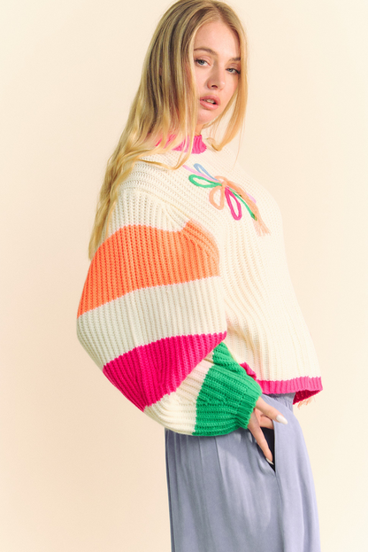 Flower Colorblock Puff Sleeve Sweater