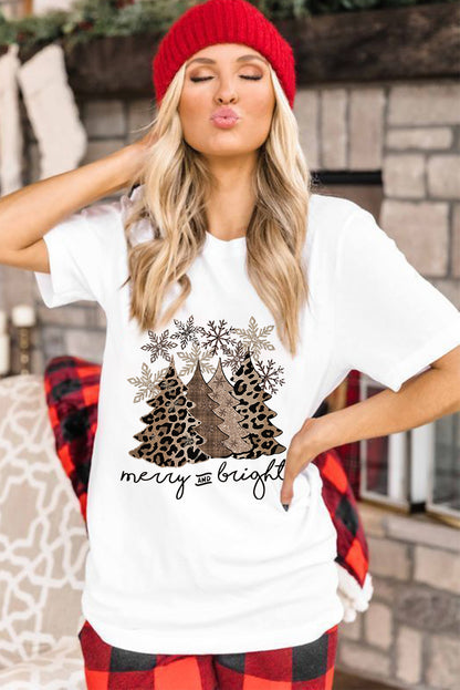 Leopard Christmas Tree Casual Crew Neck Graphic Tee