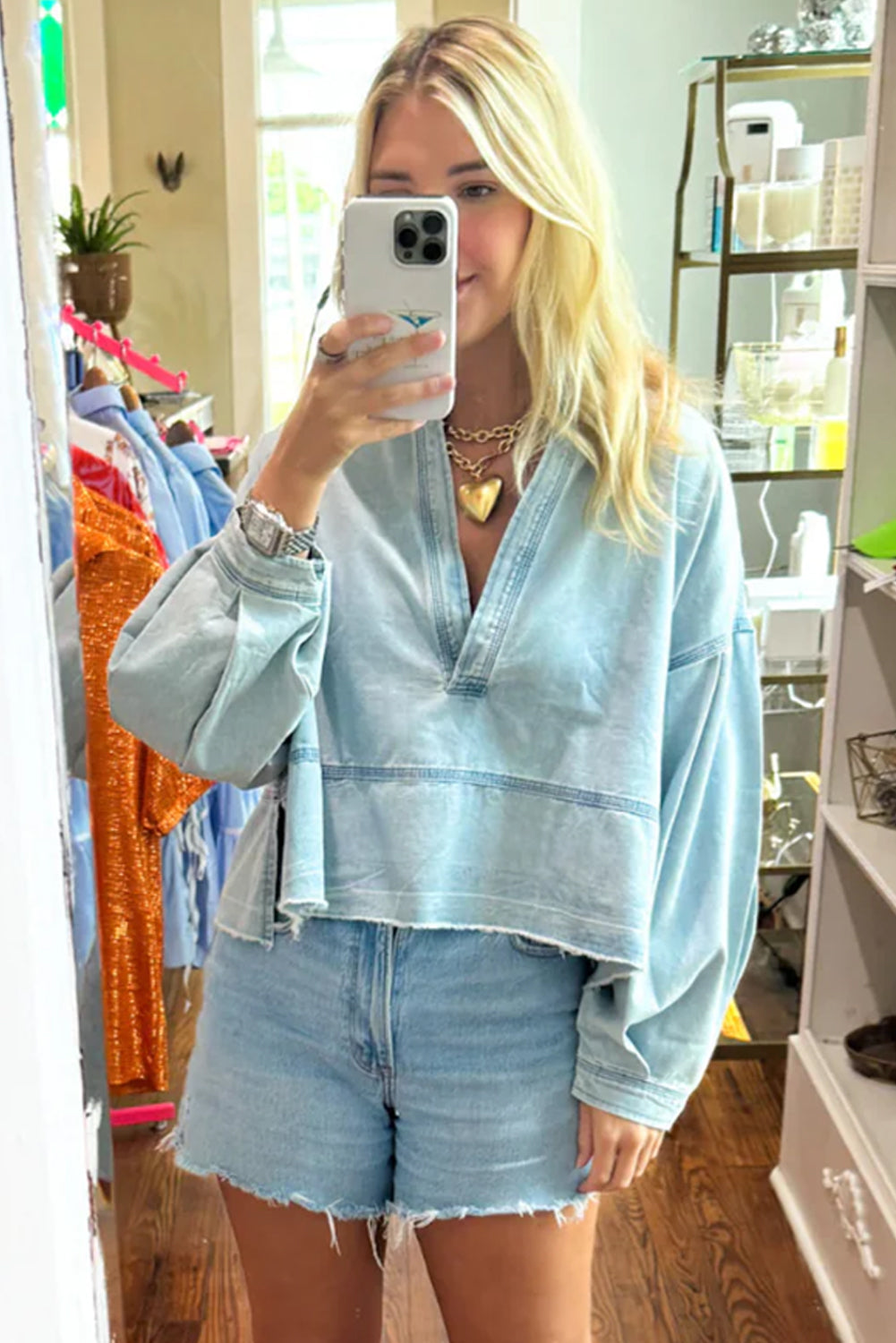 Light Wash Puff Sleeve V Neck Denim Blouse