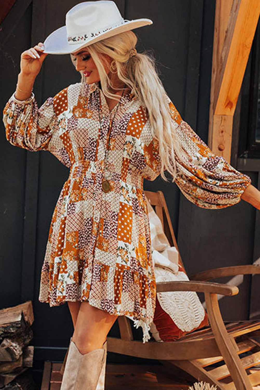 Boho Floral Puff Sleeve Smocked Waist Mini Shirt Dress