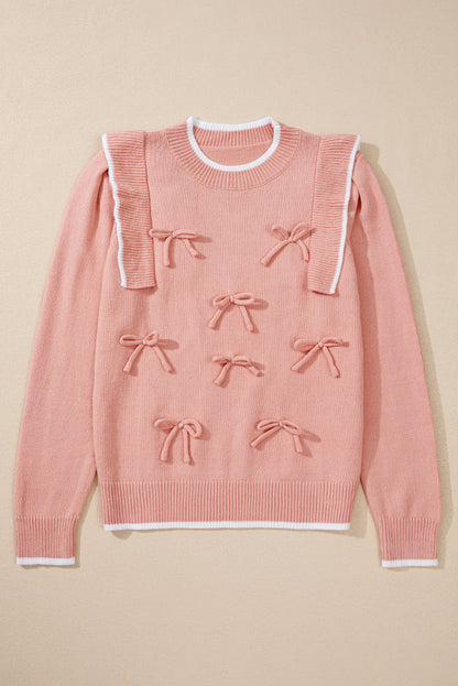 Light Pink Bow Detail Contrast Trim Ruffle Sweater