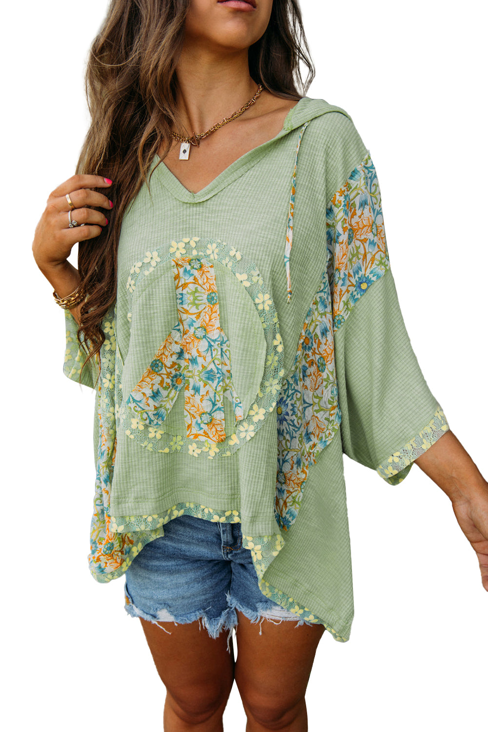 Clearly Aqua Floral Patchwork V Neck Batwing Sleeve Ribbed Top