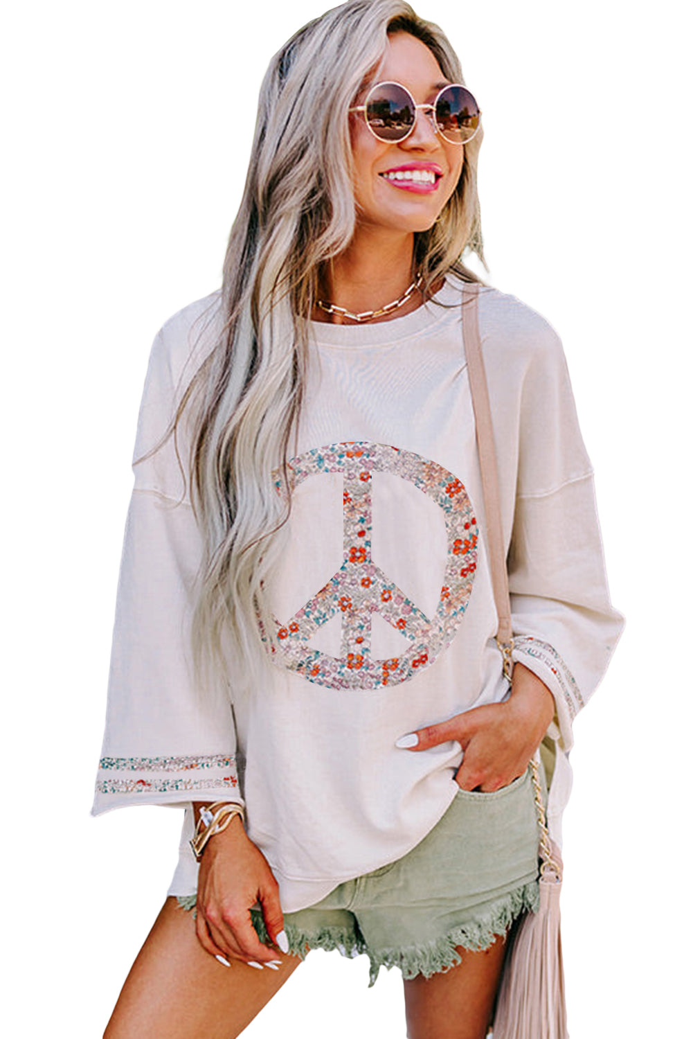 Light Pink Floral Peace Sign Drop Shoulder Top