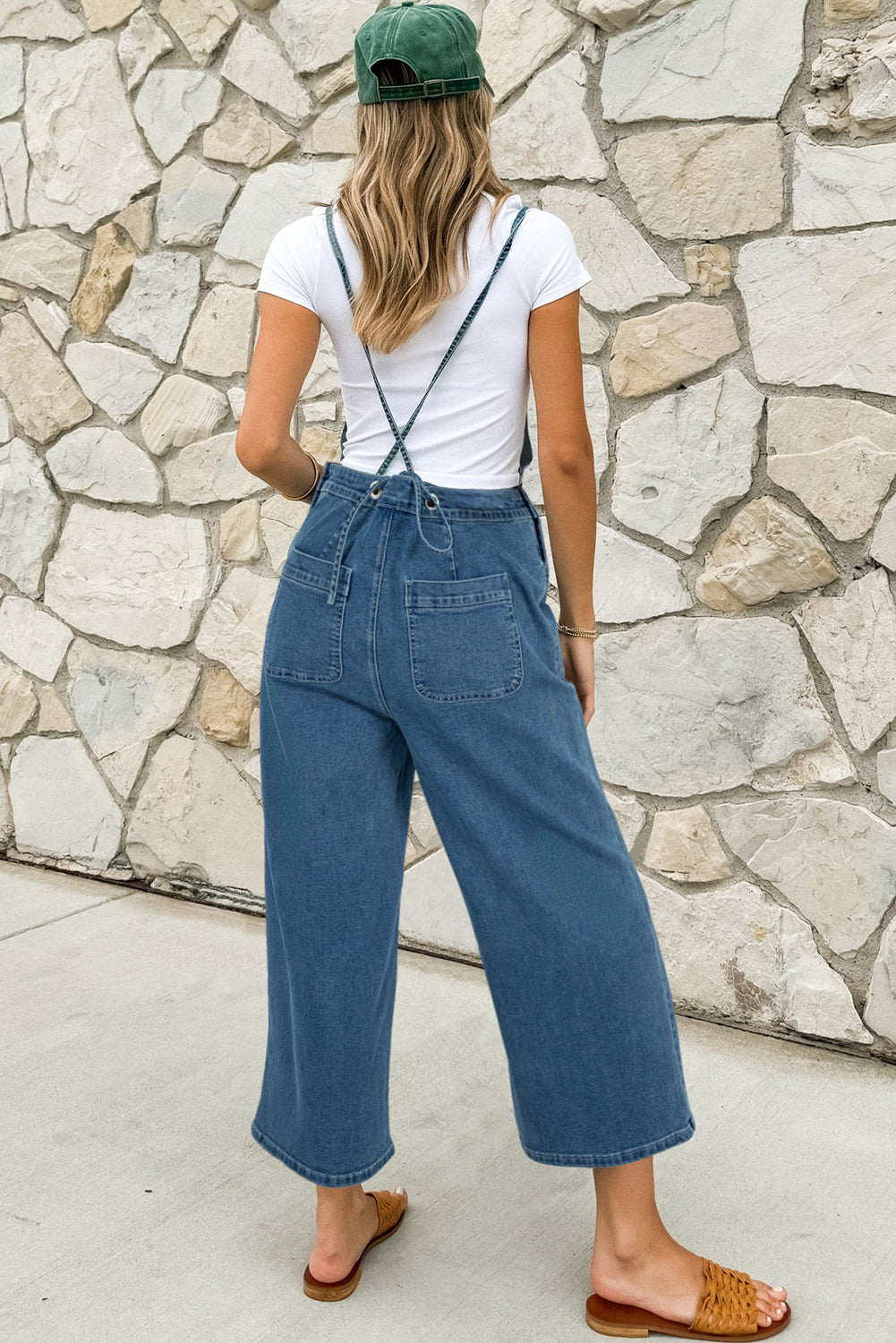 Dusk Blue Adjustable Tie Straps Cropped Wide Leg Casual Denim Overalls