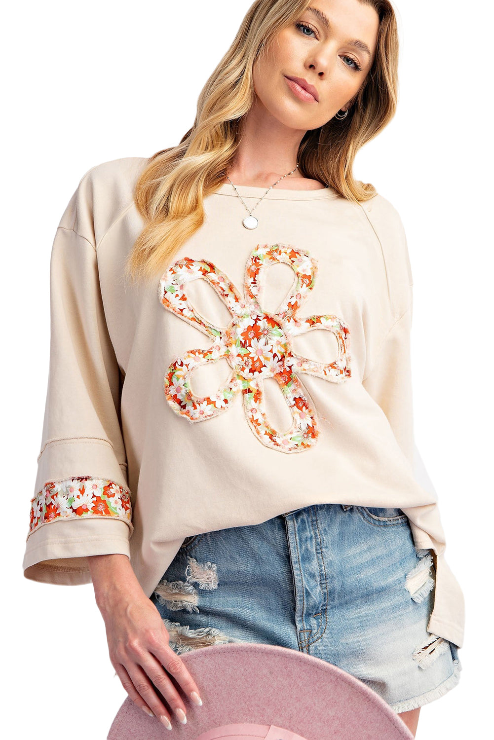 Beige Flower Patched Side Slits Plus Size Top