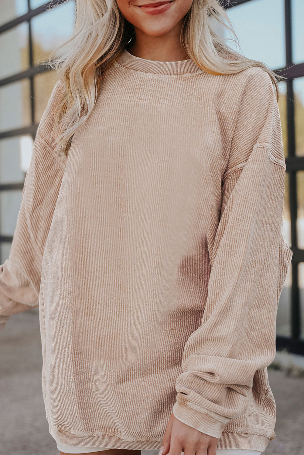 Plain Drop Sleeve Crinkle Rib Oversized Sweatshirt