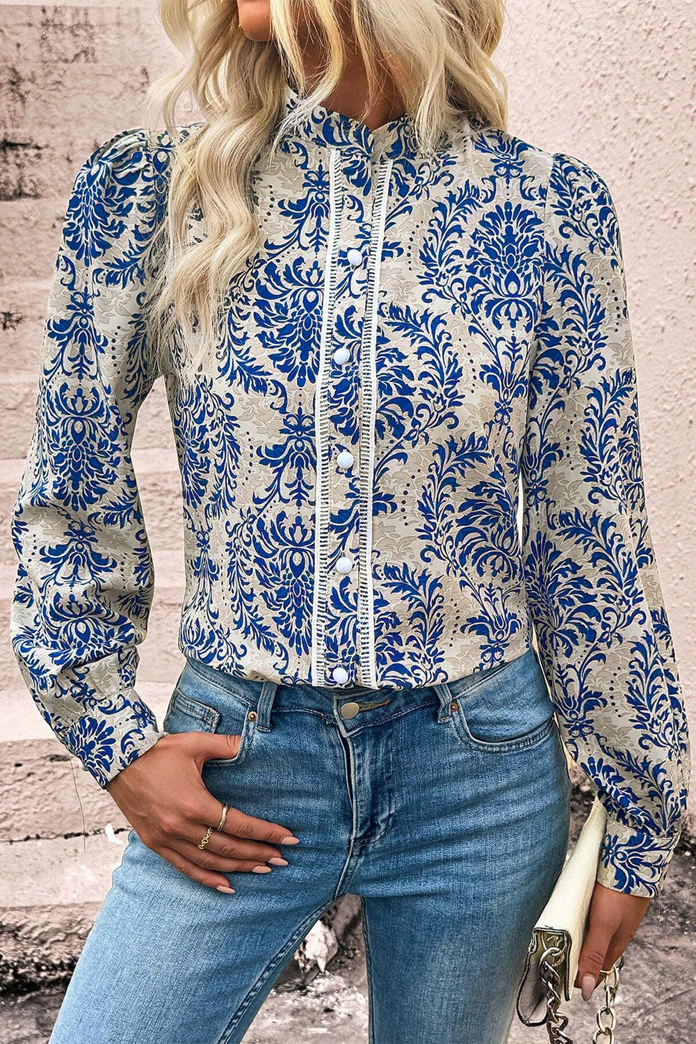 Sky Blue Bohemian Print Puff Sleeve Button-up Shirt