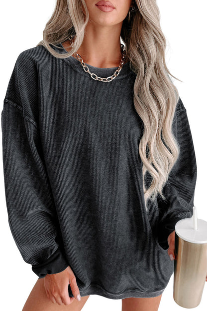 Ribbed Round Neck Drop Sleeve Pullover Sweatshirt