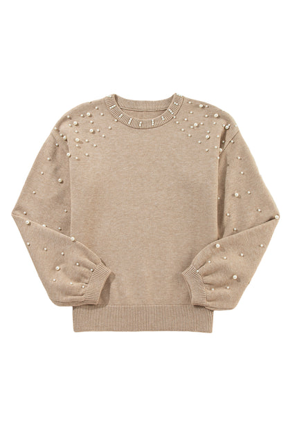 Smoke Gray Pearl Drop Shoulder Round Neck Sweater