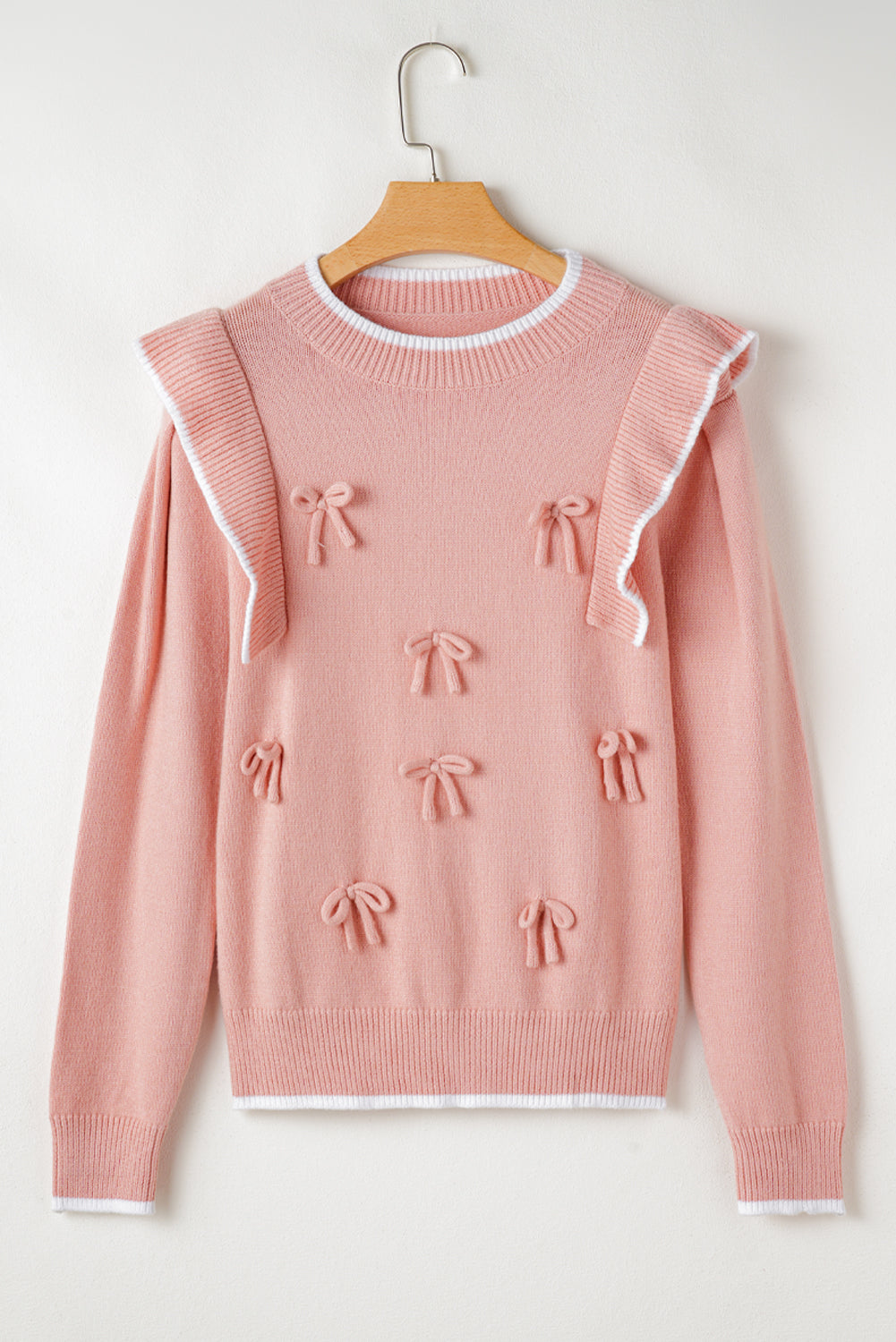 Light Pink Bow Detail Contrast Trim Ruffle Sweater