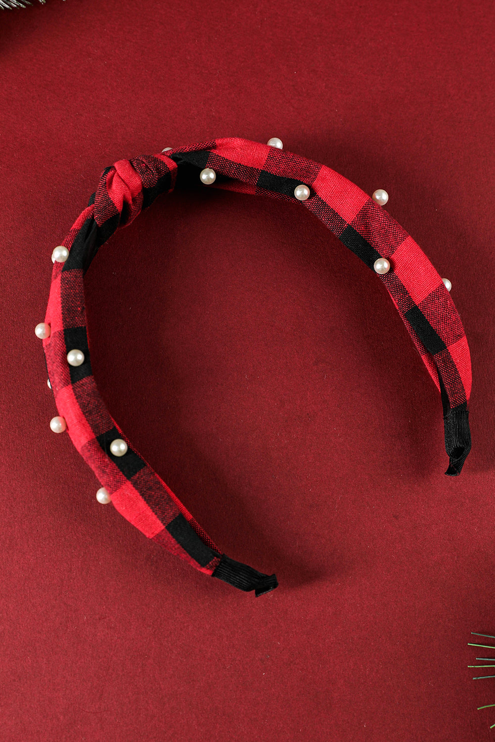 Red Dahlia Plaid Knotted Pearl Headband