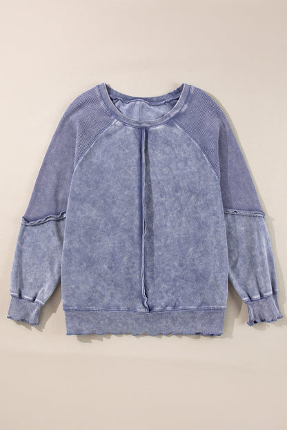 Orchid Petal Waffle Patchwork Raglan Sleeve Exposed Seam Sweatshirt