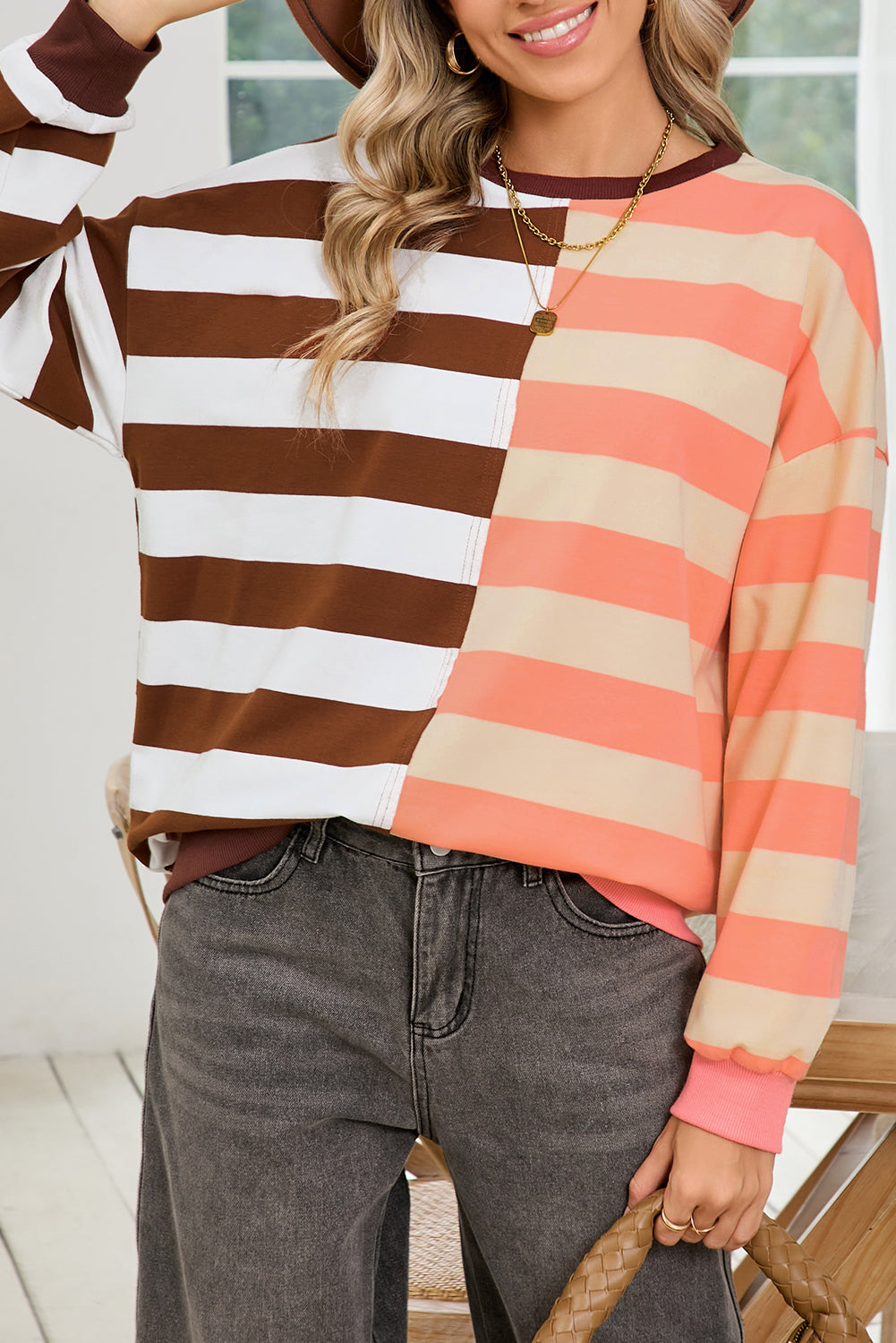 Brown Stripe Color Block Drop Shoulder Pullover Sweatshirt