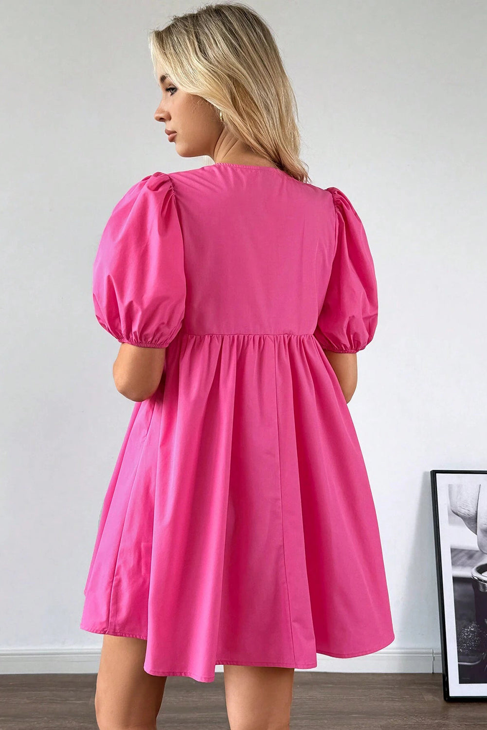 Bright Pink Tie Front Puff Sleeve Mini Dress