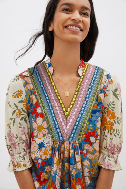 Multicolour V Neck Half Sleeve Boho Floral Blouse