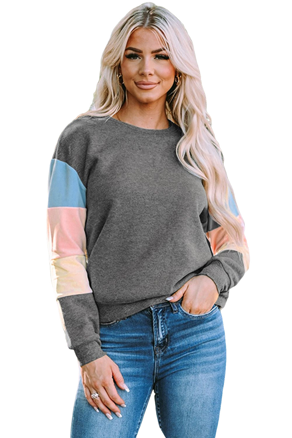 Grey Casual Color Block Drop Sleeve Sweatshirt