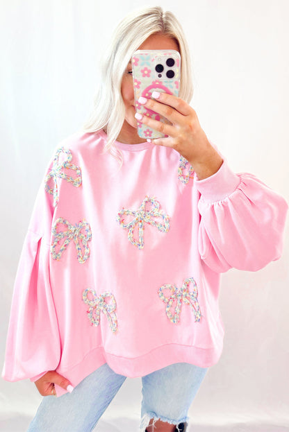 Parchment Sweet Bow Lantern Sleeve Oversized Pullover Sweatshirt