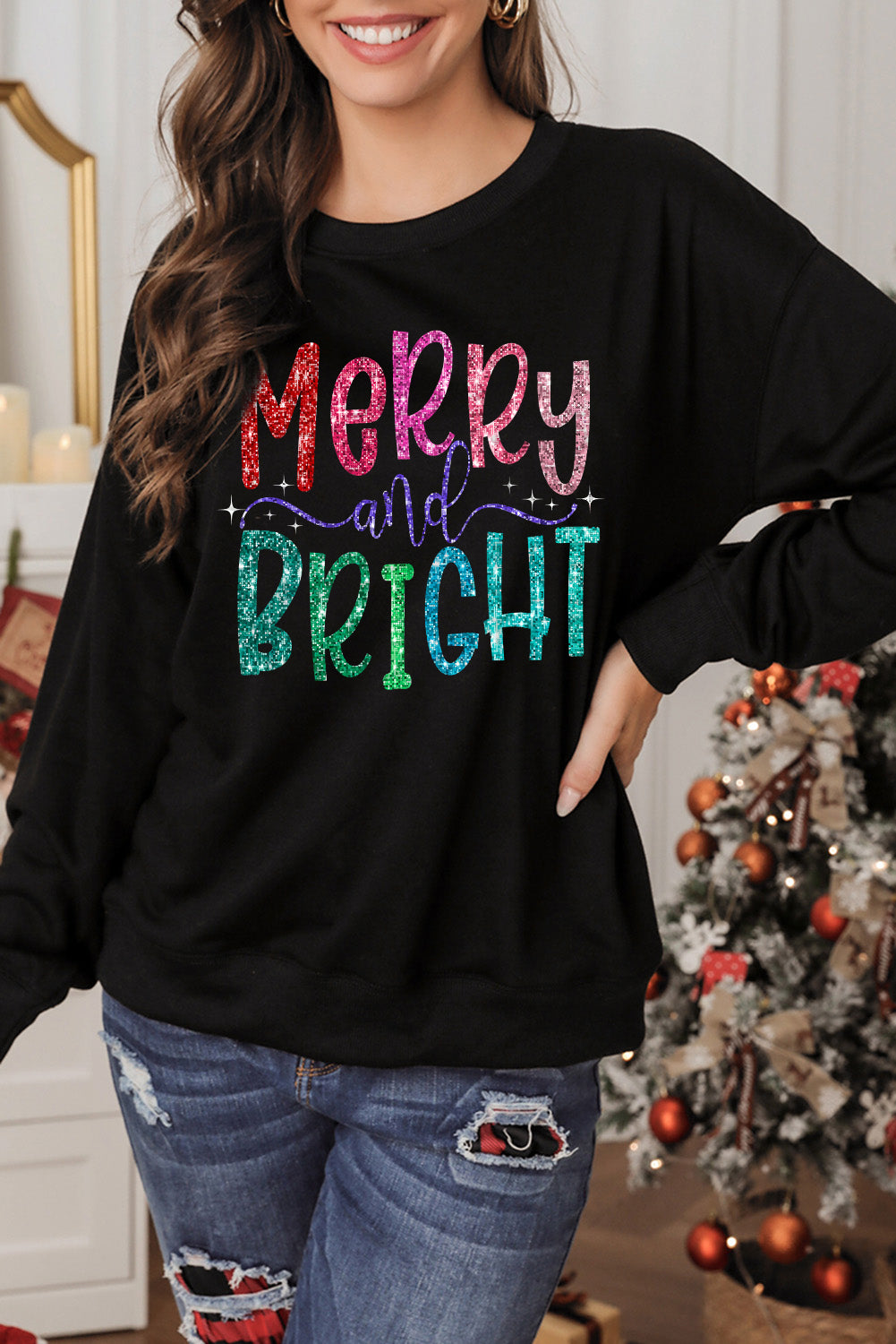 Glittering Merry and Bright Graphic Christmas Pullover Sweatshirt